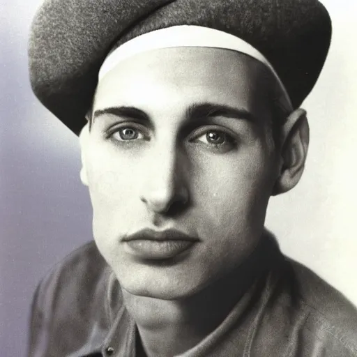 Image similar to color photograph of a 40 year old white Jewish Israeli skinny man with short, curly, blond hair and very small blue eyes, dressed in a white t shirt, gray shorts and a beret, with a small mole to the right of his very thin lips, with a straight nose and blond stubble, and an earring in the left ear