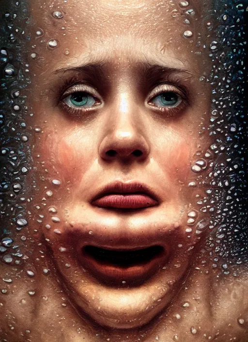 Image similar to beautiful extreme closeup portrait of a woman fully submerged ecxept of the top of his head, horrified look in his eyes, water reflection, sigma 85mm, highly detailed, soft lighting, elegant,sigma 85mm, Edward Hopper and James Gilleard, Zdzislaw Beksinski, Steven Outram, highly detailed