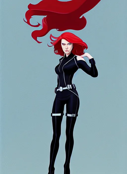 Image similar to phil noto, pretty scarlett johansson black widow, symmetrical eyes, long red hair, full body, city rooftop