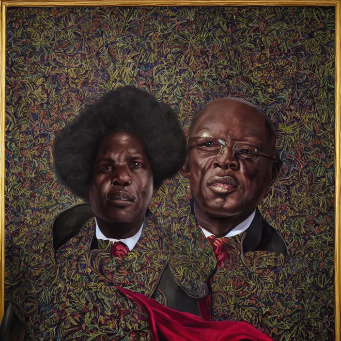 Image similar to a painting of a XXL wise elder from Kenya in a suit by Kehinde Wiley . dramatic angle, ethereal lights, details, smooth, sharp focus, illustration, realistic, cinematic, artstation, award winning, rgb , unreal engine, octane render, cinematic light, macro, depth of field, blur, red light and clouds from the back, highly detailed epic cinematic concept art CG render made in Maya, Blender and Photoshop, octane render, excellent composition, dynamic dramatic cinematic lighting, aesthetic, very inspirational, arthouse.