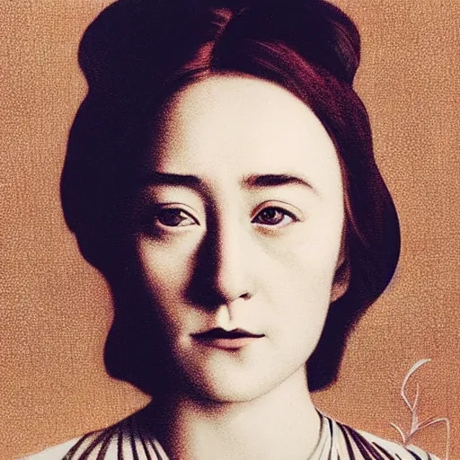 Image similar to “ saoirse ronan portrait by ikenaga yasunari and ayana otake and ko rakusui, 6 0 s poster, drawing, realistic, sharp focus, japanese, dreamy, nostalgia, faded, golden hues, floral clothes ”