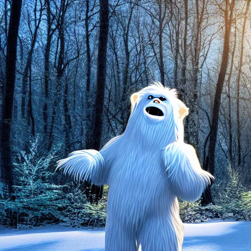 Image similar to illustrated scene of a friendly yeti waving at the camera as it walks through the woods, snowy scene in morning light