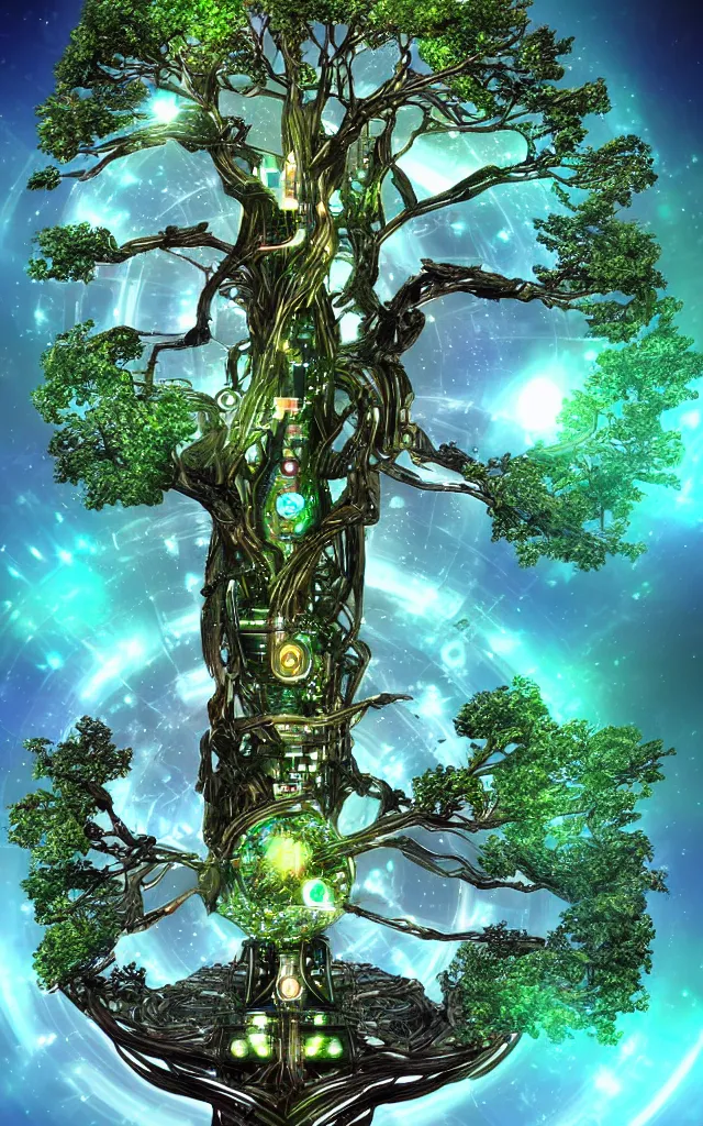 Image similar to futurist cybernetic yggdrasil world tree, future perfect, award winning digital art