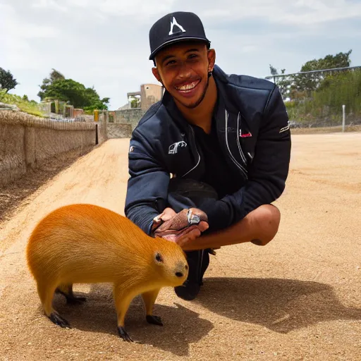 Prompt: an award winning photo of lewis hamilton holding a baby capybara, 4 k