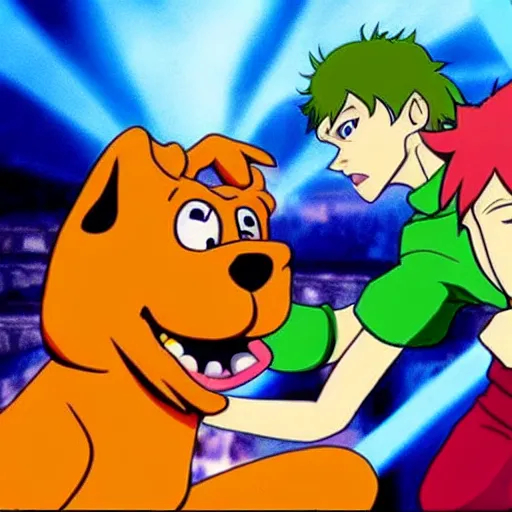 Prompt: scooby fighting shaggy, epic anime battle