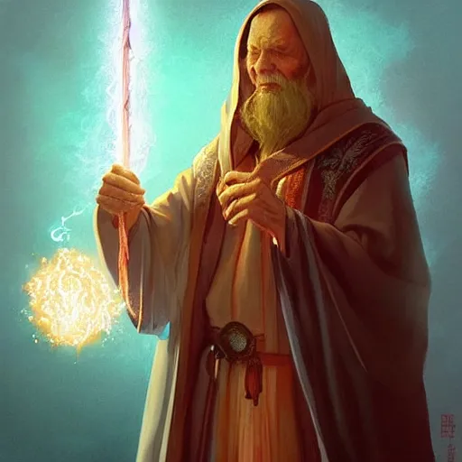 Image similar to “Old wizard with exquisite colored robes, Holding a staff with a crystal at the top, casting a spell, fantasy, D&D, 4k, ultra detailed, by Greg_Rutkowski and Viktor Antonov”