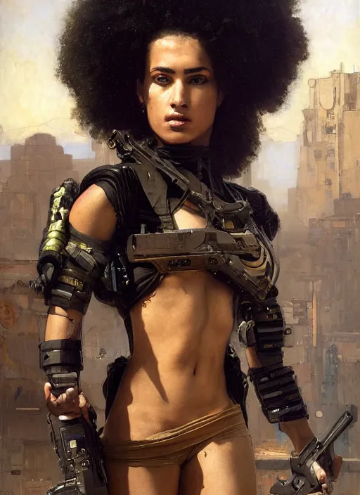 Image similar to buff Maria. beautiful cyberpunk soldier wearing a military vest and military gear (cyberpunk 2077). gorgeous face and afro. Iranian orientalist portrait by john william waterhouse and Edwin Longsden Long and Theodore Ralli and Nasreddine Dinet, oil on canvas. Cinematic, hyper realism, realistic proportions, dramatic lighting, high detail 4k