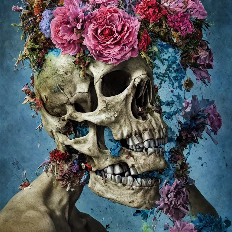 Prompt: A beautiful oil painting hyperrealism of a decayed zombie head, rotting clay skin, skull bones, flowers, floral headdress, 8k resolution, octane render, Trending on artstation, by Gediminas Pranckevicius, volumetric light 2blue fractal Thunder glow by dan mumford, anaglyph effect, Laurie Lipton