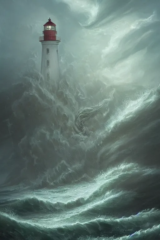 Image similar to epic scene of monstrous cthulhu rising from the stormy ocean near a dramatic coastline with lighthouse by peter mohrbacher, h p lovecraft, cthulhu, masterpiece, artstation, digital painting