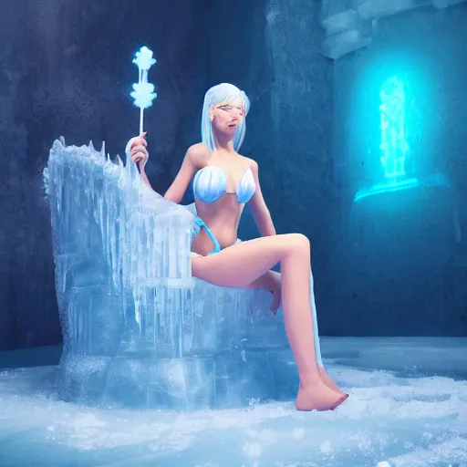 Image similar to an ice cyborg princess sitting on her ice throne in her ice castle wearing a bikini, holding an ice staff, highly detailed, unreal engine 5 render, ice, frost, white beautiful hair, cold colours, digital art, sci fi, illustration, concept art by jason chan and johannes helgeson