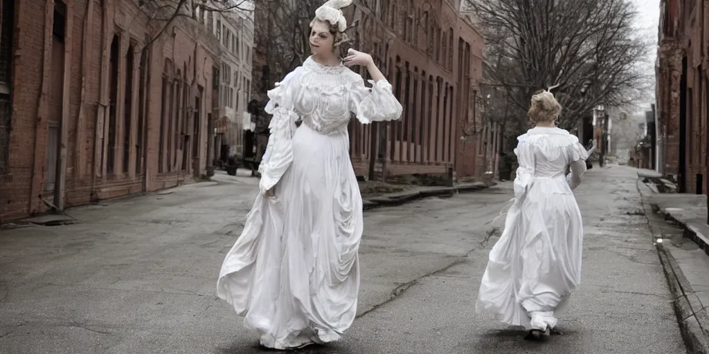 Prompt: a ethereal angel like beautiful woman in a red victorian era dress, walks thru the deserted streets of downtown cleveland, a large herd of white tailed deer walk calmly thru the streets