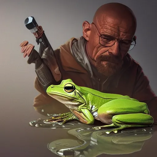 Image similar to a frog and walter white, intricate, highly detailed, digital painting, artstation, concept art, smooth, sharp focus, illustration, unreal engine 5, 8 k, art by artgerm and greg rutkowski and alphonse mucha