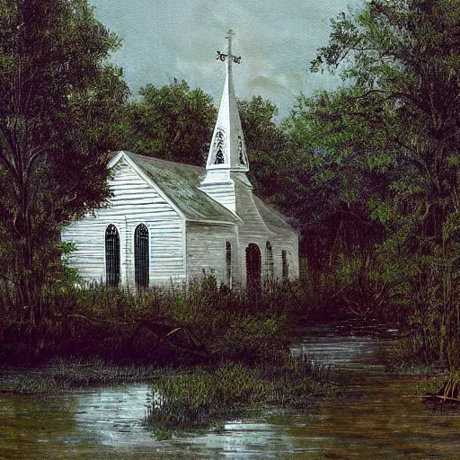 Image similar to 1 9 e century southern gothic scene, old white wooden church in bayou swamps, in louisiana, old painting style claude gellee