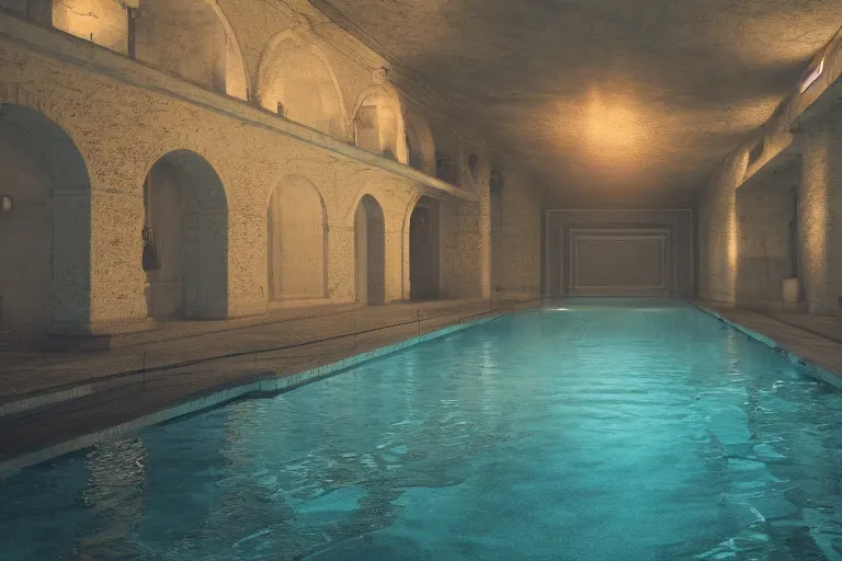 Image similar to serene pool in dark old citadel basement, hyper realistic, ambient lighting, concept art, intricate, hyper detailed, smooth, dynamic volumetric lighting, octane, raytrace, cinematic, high quality, high resolution, 4 k, cgsociety, rutkowski, gurney