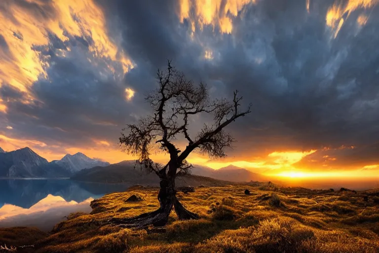 Image similar to beautiful very old photo of a landscape of mountains with lake and a dead tree in the foreground by Marc Adamus, sunset, dramatic sky, 1920