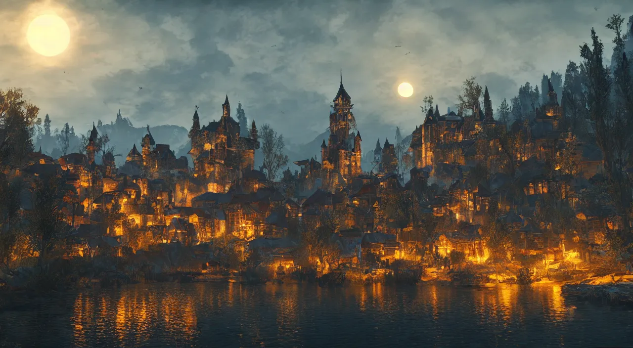 Prompt: A beautiful painting of a medieval city on the edge of a lake, illuminated by moonlight in the evening.The Witcher 3: Wild Hunt.elden ring.4k