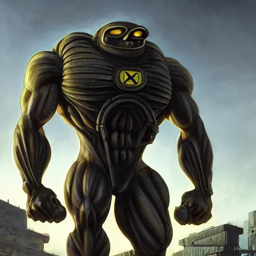 Image similar to Bodybuilding Minion from the Minion Movie in a Starcitizen loading screen, muscular, intricate, dystopian, fantasy, extremely detailed, digital painting, artstation, concept art, smooth, sharp focus, illustration, stark lighting, incredible art by artgerm and greg rutkowski and alphonse mucha and simon stalenhag