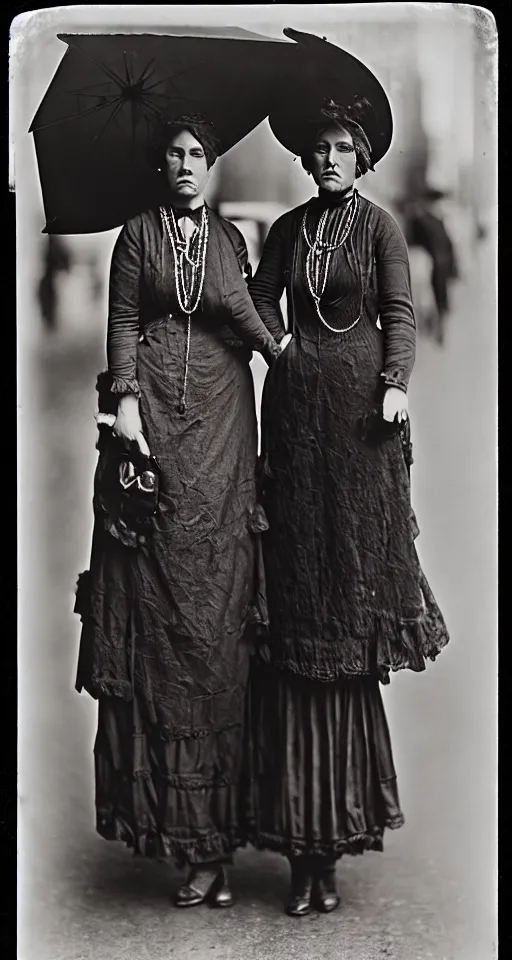 Prompt: wet plate photograph, fashionable ladies on the streets of San Francisco, 1908