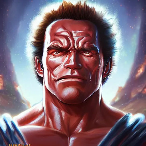 Image similar to Portrait of Schwarzenegger as a character of One Piece, mattepainting concept Blizzard pixar maya engine on stylized background splash comics global illumination lighting artstation samwise didier, rossdraws