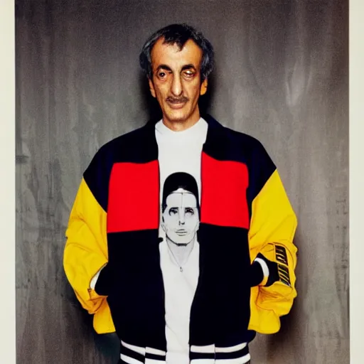 Prompt: A pharaoh wearing a varsity jacket, portrait, by Mario Testino, Stephane Sednaoui, Dario Argento