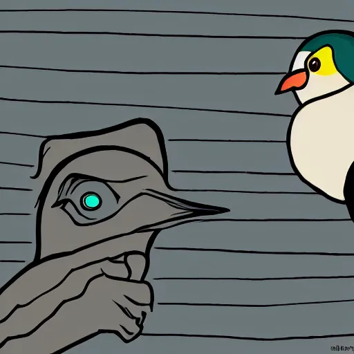 Prompt: bird stares with both eyes directly into camera, face on shot cartoon style