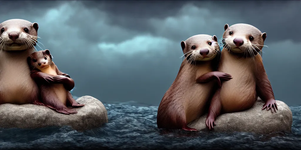 Prompt: my little everything, happy brave magical cuteness, fantasy otter love, otters holding hands side by side in the stormy sea, he holds her while she sleeps, hyper - realism, 8 k octane render