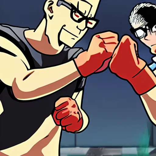 Image similar to Hank hill arm wrestling One Punch Man