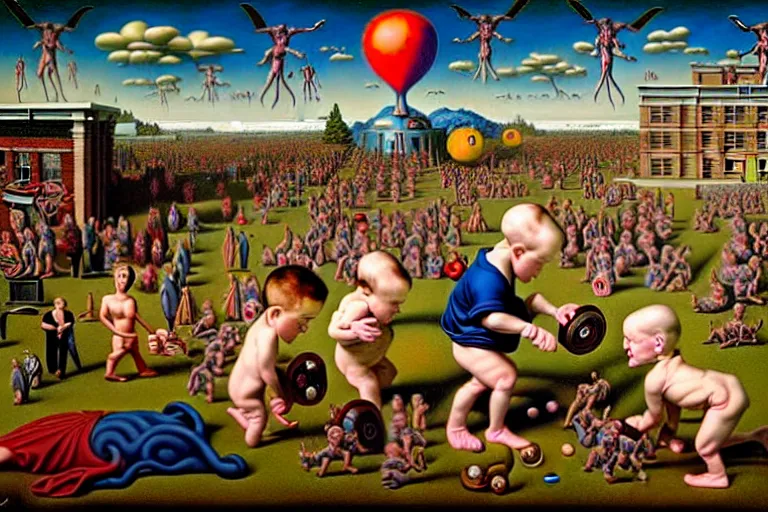 Image similar to a sparsely populated strange battle in an old hospital between old people and babies Robert Williams Mark Ryden and Alex Gross, Todd Schorr highly detailed deep perspective perfect composition