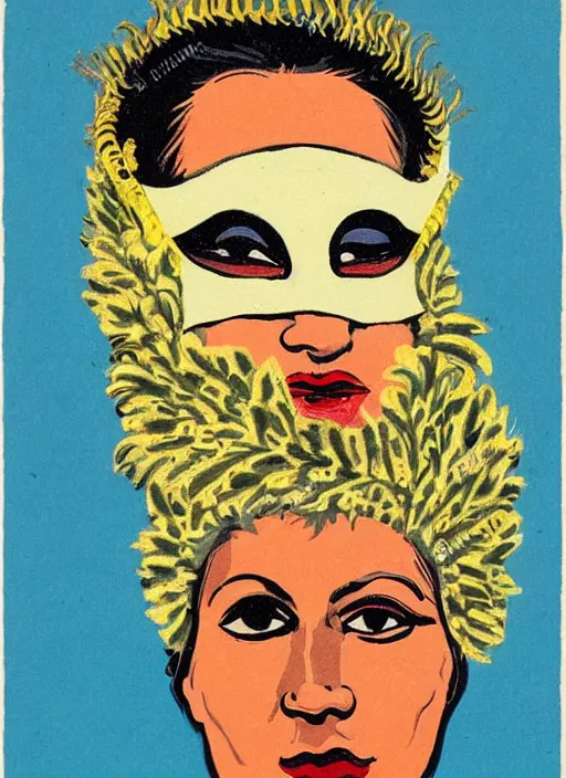 Image similar to an extreme close - up low angle portrait of the young extravagantly dressed queen wearing opera mask in a scenic representation of mother nature and the meaning of life by billy childish, thick visible brush strokes, shadowy landscape painting in the background by beal gifford, vintage postcard illustration, minimalist cover art by mitchell hooks