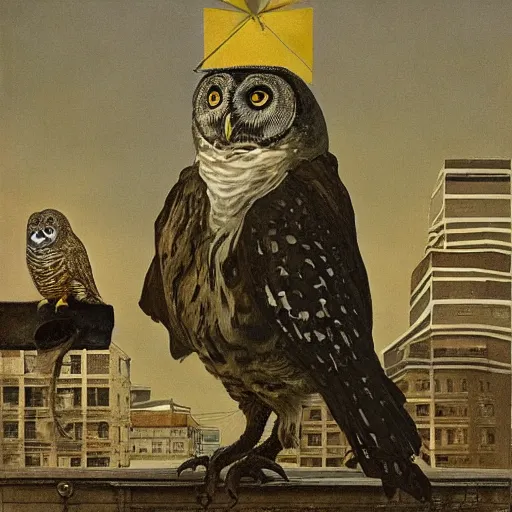 Image similar to obese physique feathered round beak Portrait of Henry James camouflaged as Owl whilst wearing a yellow tuxedo Standing atop a Garbage Truck Greg Rutkowski Vik Muniz clarence holbrook carter Andrew Wyeth Dan Witz