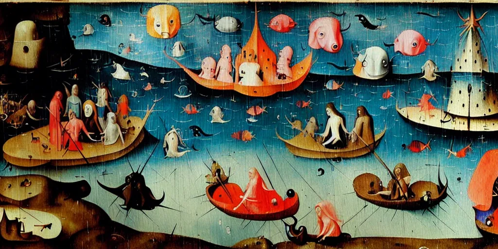 Prompt: a beautiful painting of an elaborate underwater scene painted by hieronymous bosch and lisa frank