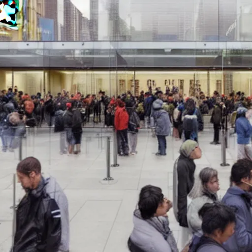 Prompt: a photo of a long line of people, outside an apple store, waiting to buy the latest apple product, city environment, morning, rainy weather, crowded streets, volumetric lighting, hyper realistic, ultra detailed, 8 k