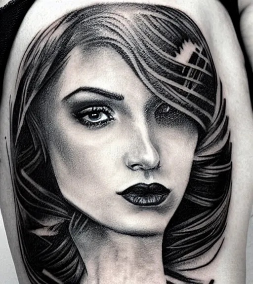 Image similar to tattoo design sketch of a beautiful woman face against a background of lago di sorapis, hyper - realistic, in the style of den yakovlev, amazing detail, black and white