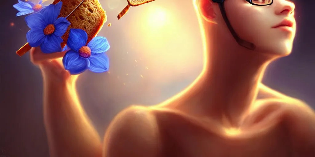 Prompt: epic professional digital art of a bread toast!!! wearing 👓!!!! and a blue flower!!!!, best on artstation, cgsociety, wlop, cosmic, epic, stunning, much detail, much wow, masterpiece, backlight