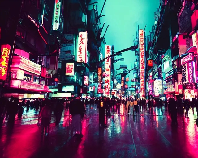 Image similar to futuristic tokyo crowded night street with neon signs by pixar, the animatrix, atmospheric, cinematic composition, 8 k, cinematic lighting, blade runner