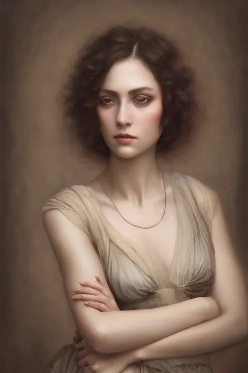Prompt: a stunning ultra realistic fine art painting of a beautiful female wine expert, peaceful and graceful, by tom bagshaw, studio portrait, muted colors, melancholic, catchlight in the eyes, 4K