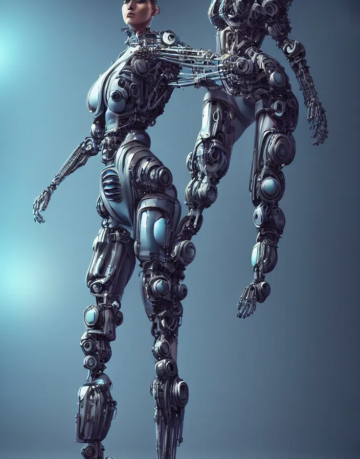 Image similar to full lenght shot, super hero pose, woman in biomechanical dress, inflateble shapes, wearing epic bionic cyborg implants, masterpiece, intricate, biopunk futuristic wardrobe, highly detailed, artstation, concept art, background galaxy, cyberpunk, octane render