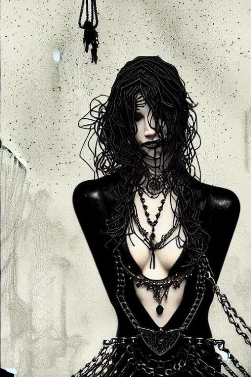 Image similar to dreamy gothic girl, black leather slim clothes, chain on her neck, beautiful body, detailed acrylic, grunge, intricate complexity, by dan mumford and by alberto giacometti, peter lindbergh