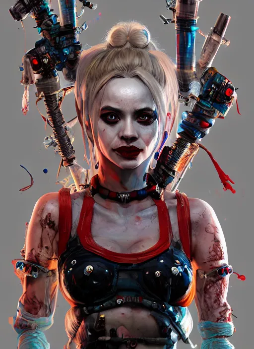 Prompt: biopunk portrait of harley quinn, au naturel, hyper detailed, digital art, trending in artstation, cinematic lighting, studio quality, smooth render, unreal engine 5 rendered, octane rendered, art style by klimt and nixeu and ian sprigger and wlop and krenz cushart