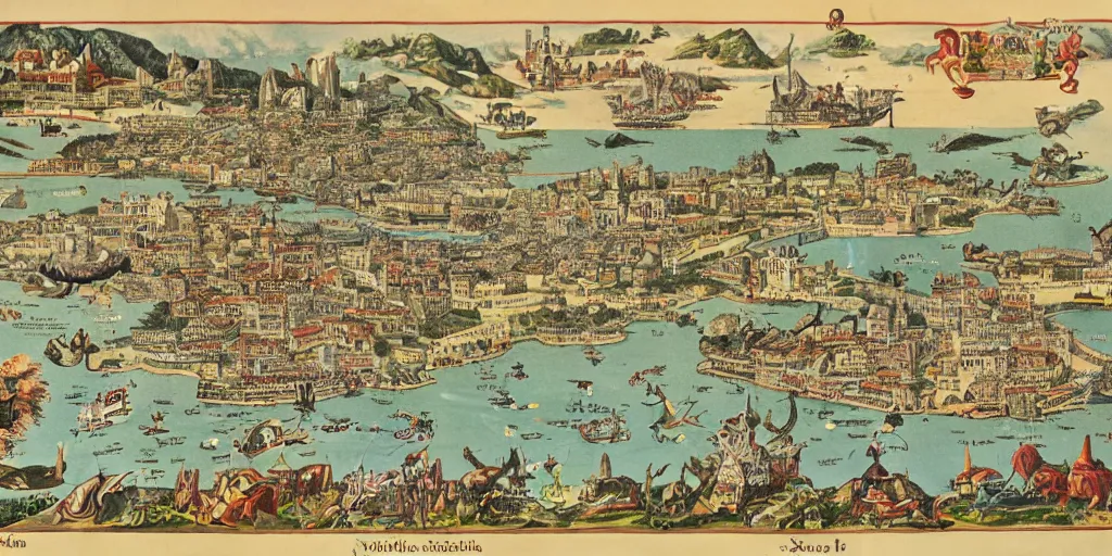 Image similar to map of the city of genoa medieval vintage great looking with sea monsters