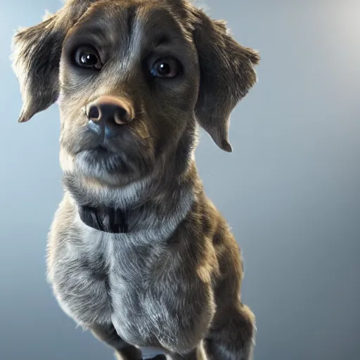 Image similar to crisp quality and light reflections, photorealistic portrait, studio lighting, still photo of a cute dog, bright studio setting, highly detailed, unreal engine 5 quality render