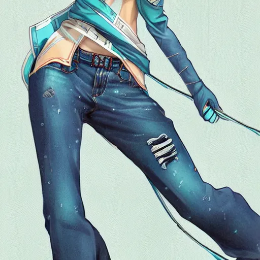 Image similar to aqua from konosuba, wearing jeans and sweater, digital art, by aramaki shinji, by artgerm, by cushart krenz, by wlop, colorful, insanely detailed and intricate, hypermaximalist, elegant, ornate, hyper realistic, super detailed