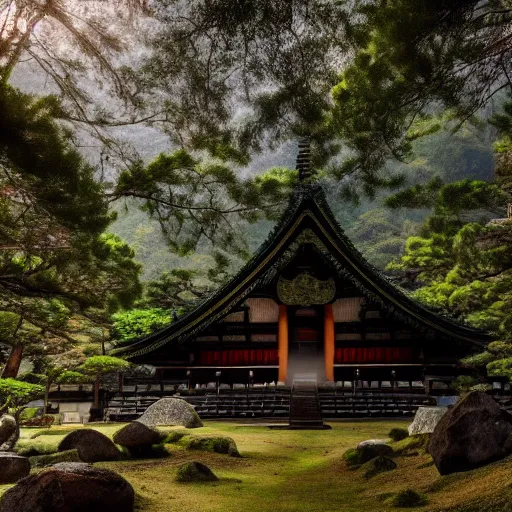 Prompt: giant japanese temple in the mountains, rocks, trees, beautiful natural light, cinematic, amazing