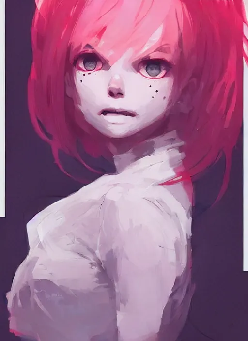 Image similar to highly detailed portrait of a ghost likely girl with neon red eyes, short white hair by atey ghailan, by greg rutkowski, by greg tocchini, by james gilleard, by joe fenton, by kaethe butcher, gradient pink, black, red, cream and white color scheme, trending in pinterest, award winning details