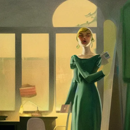 Image similar to Elle Fanning, head and shoulders masterpiece, in Fallout 3, golden hour, in a garden, artstation, in the style of Art Deco and Edward Hopper and Bosch, extremely detailed