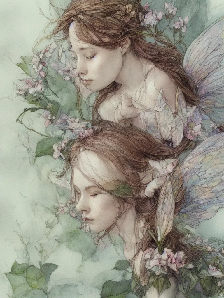 Image similar to study of a flower fairy, illustration, watercolor, alan lee, detailed, pretty, ethereal, realistic, artstation,