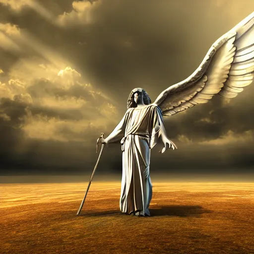 Image similar to gigantic biblical depiction of an angel towering over a vast landscape, cinematic, realistic, geometric body, photorealistic, detailed, white body, global illumination, volumetric lighting, 8 k, god rays, beautiful, majestic clouds