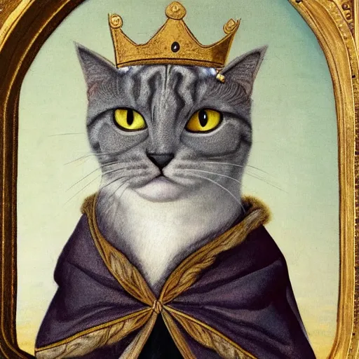 Image similar to a renaissance style portrait painting of a grey scottish fold cat, wearing a crown and cape, dark background