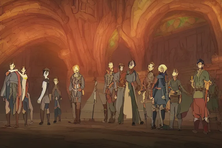 Image similar to cell shaded key visual of a group of adventurers in the throne room of the demon king, dramatic lighting, in the style of studio ghibli, moebius, makoto shinkai,