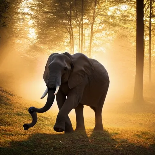 Image similar to An elephant walking in a forest, natural lighting, sunbeams, golden hour, misty atmospherics